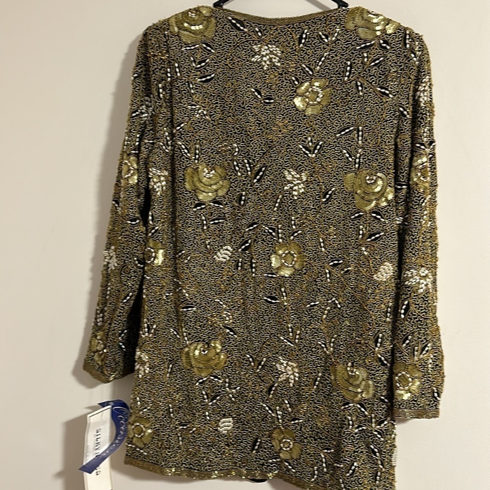NWT Vintage 100% Silk beaded floral deadstock blazer cardigan gold black india - Picture 8 of 8